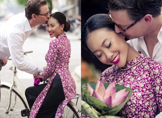 Áo dài họa tiết hoa nhí nổi bật trong bộ ảnh cưới ngoại cảnh. Ảnh: Internet