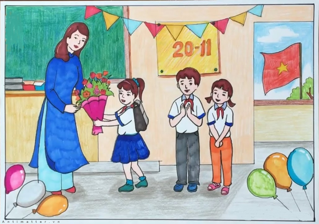 Tranh vẽ cô giáo mặc áo dài trong ngày lễ 20-11