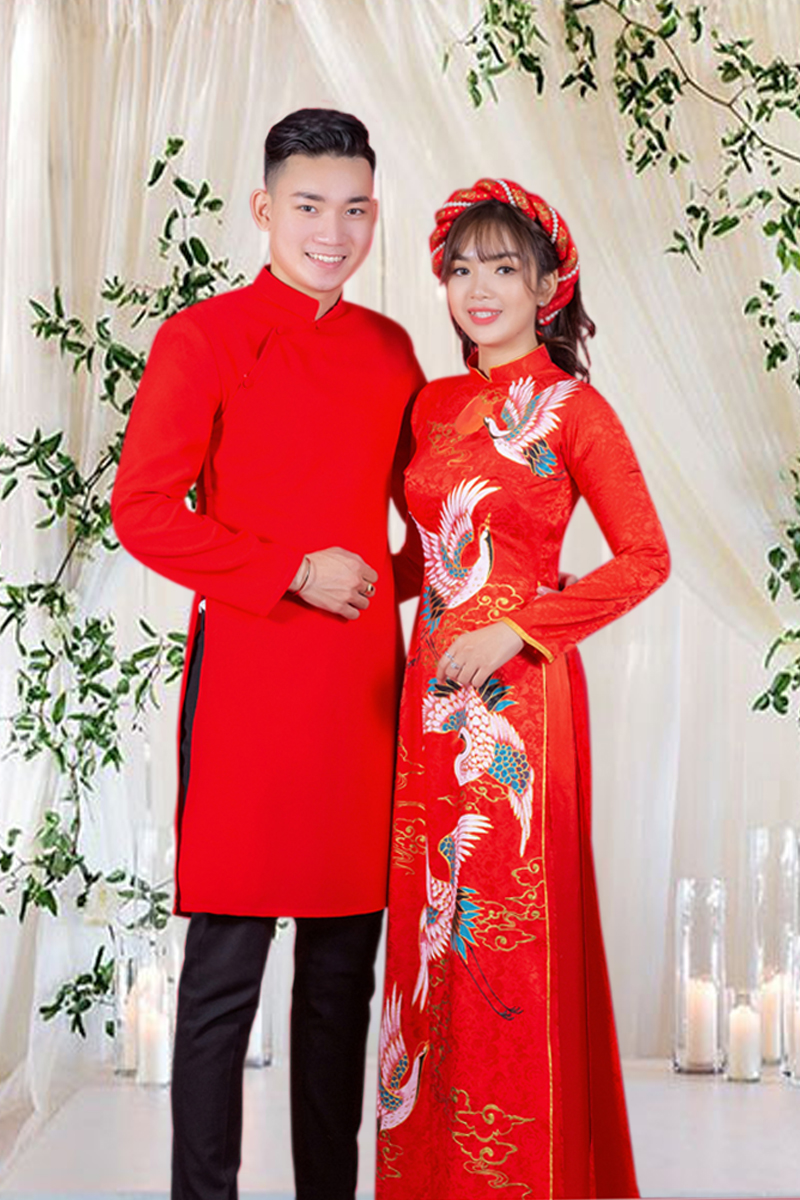 Áo dài cưới màu đỏ họa tiết bắt mắt cho cô dâu