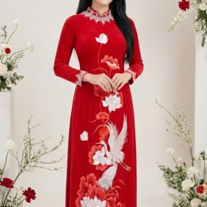 ÁO DÀI BÀ SUI LỤA ĐỎ THÊU ĐÍNH KẾT