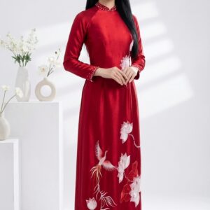 ÁO DÀI BÀ SUI RUBY ĐỎ THÊU SEN HẠC