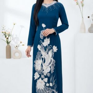 ÁO DÀI BÀ SUI LỤA XANH THÊU SEN