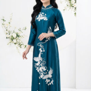 ÁO DÀI BÀ SUI RUBY XANH THÊU HẠC
